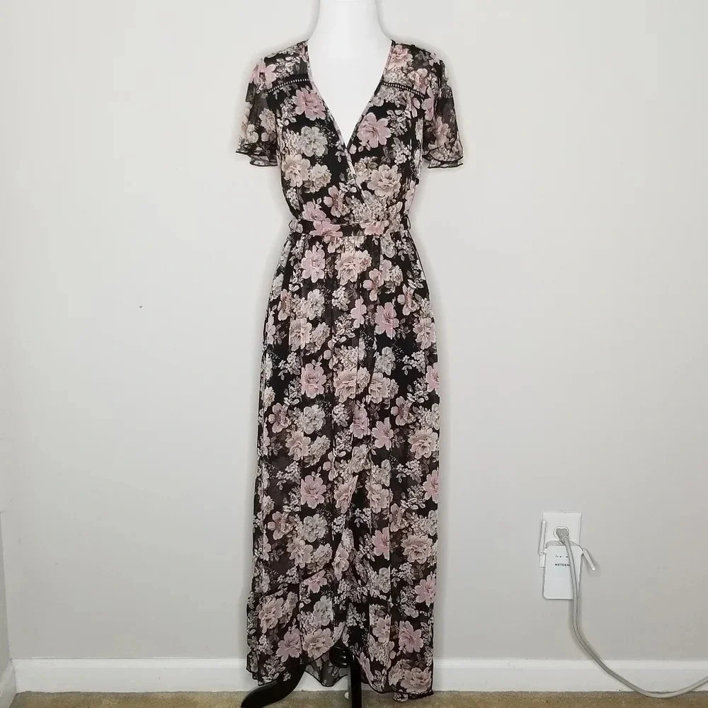 Band of Gypsies Black Floral Maxi Dress XS